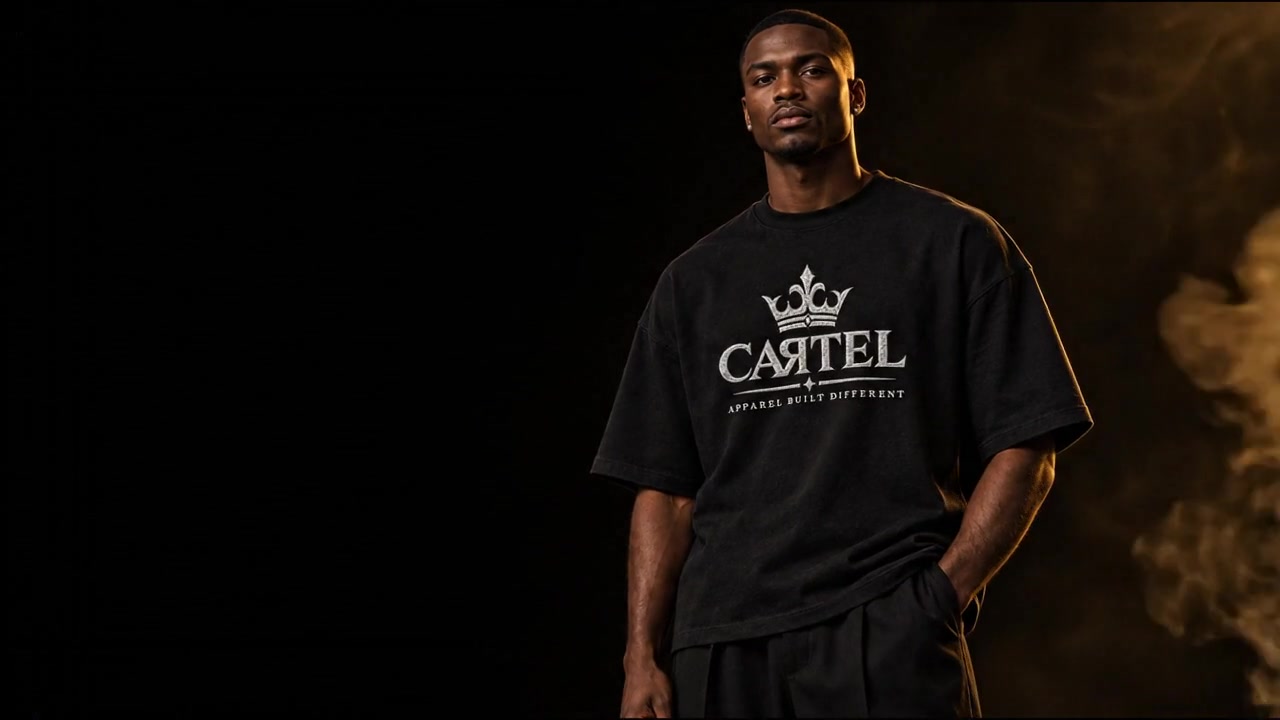CARTEL campaign model wearing the crown-logo T-shirt